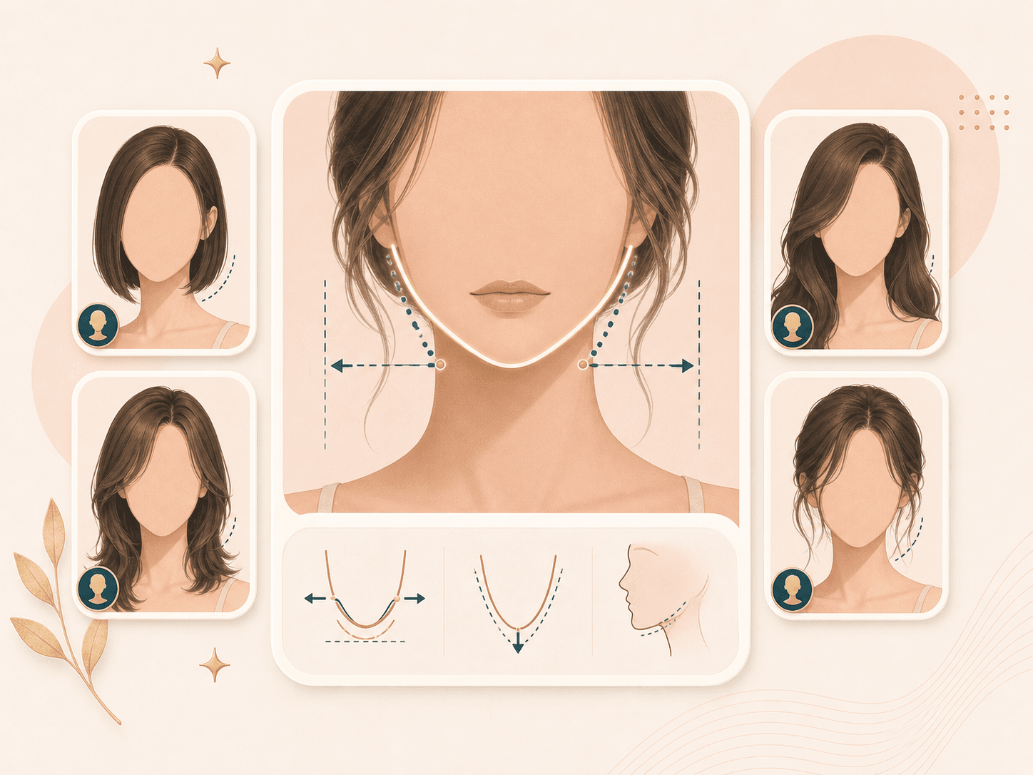 Hairstyle framing cards around a mapped jawline and chin shape