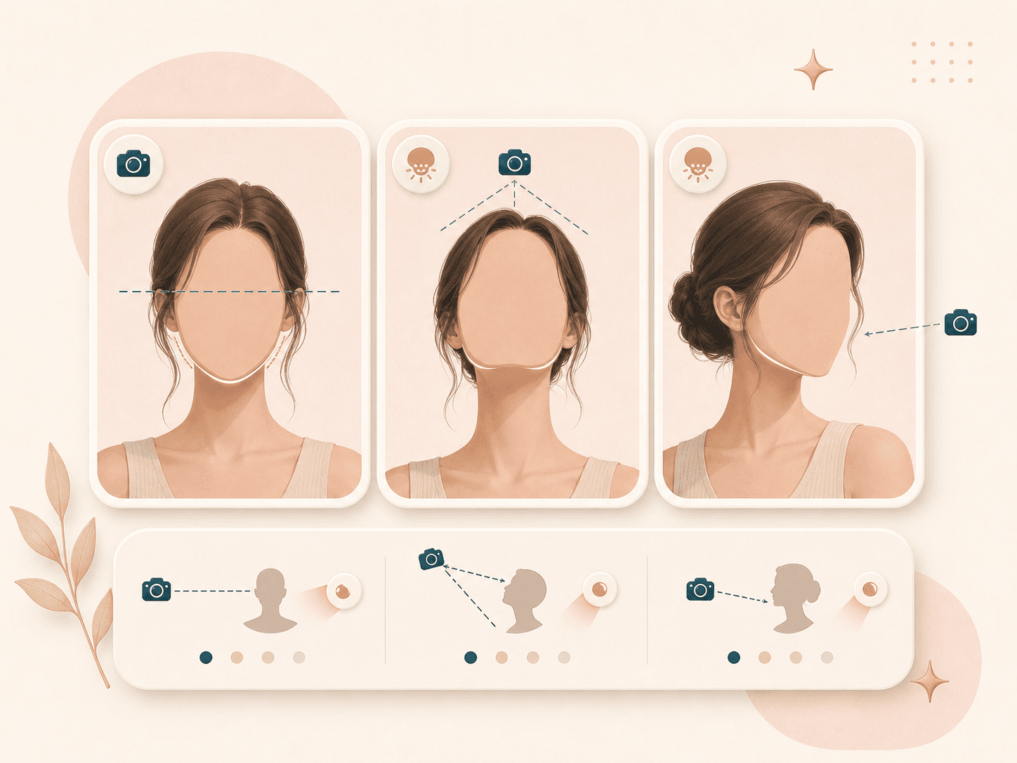 Portrait cards showing camera angles and lighting for jawline photo tips