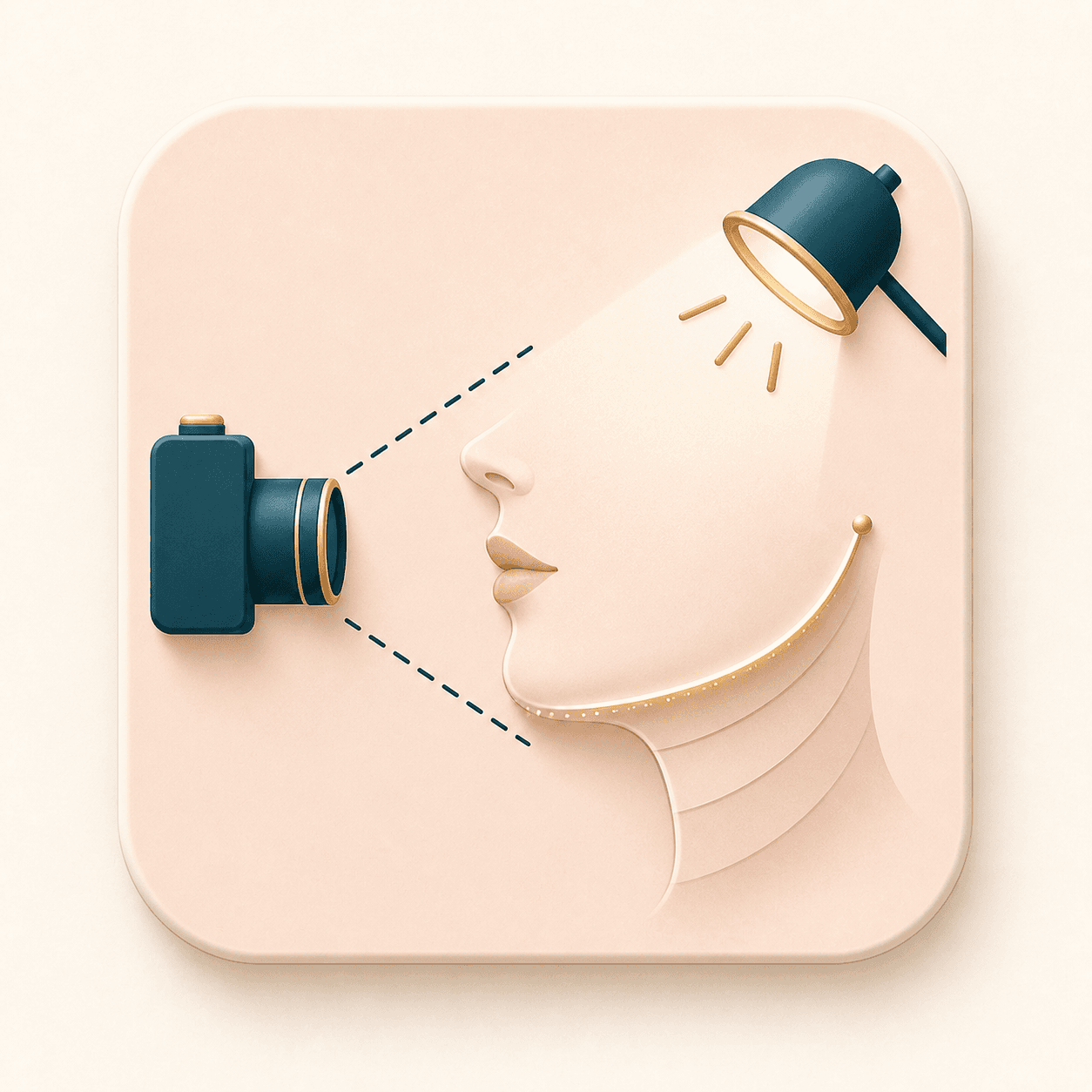 Icon showing camera angle and lighting context around a jawline outline