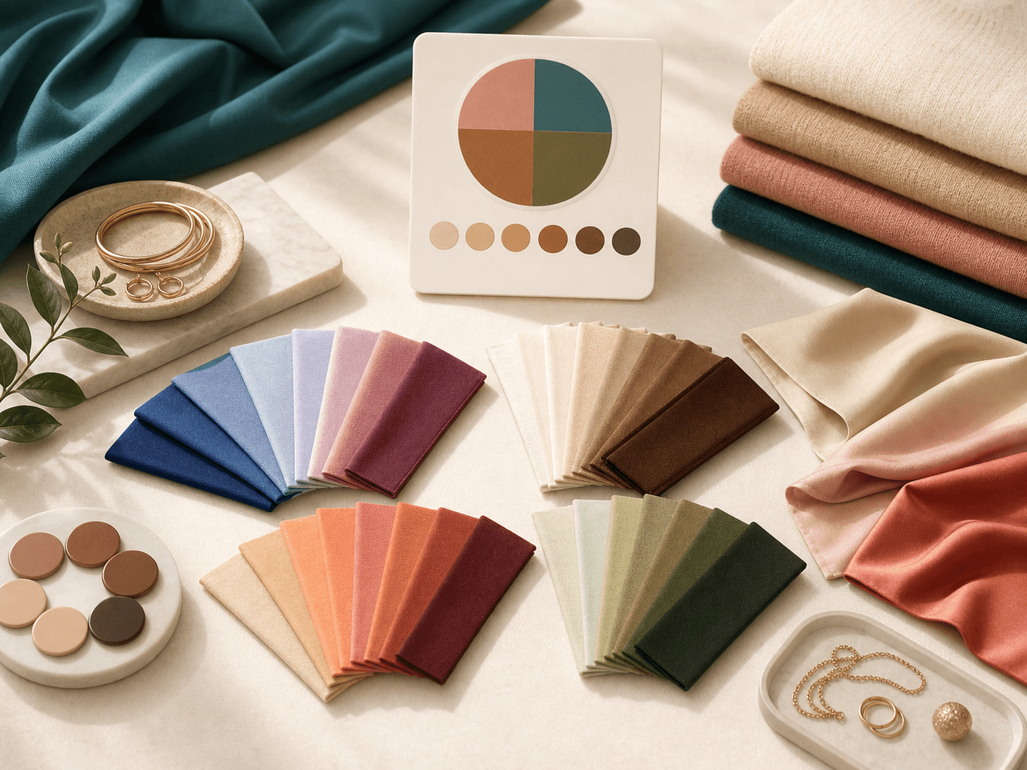 Fabric swatches arranged as clothing color ideas for skin tone analysis