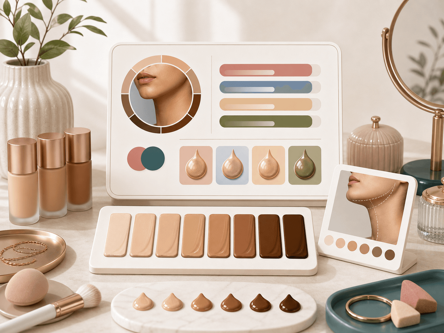 Foundation shade tiles and drops arranged beside a skin tone detector result card