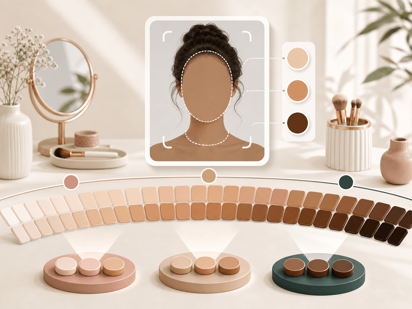 Inclusive skin depth swatches from fair to deep beside a portrait analysis card