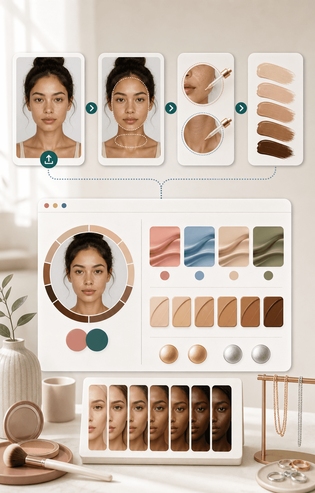 Skin tone detector workflow showing upload, face and neck sampling, and color guidance