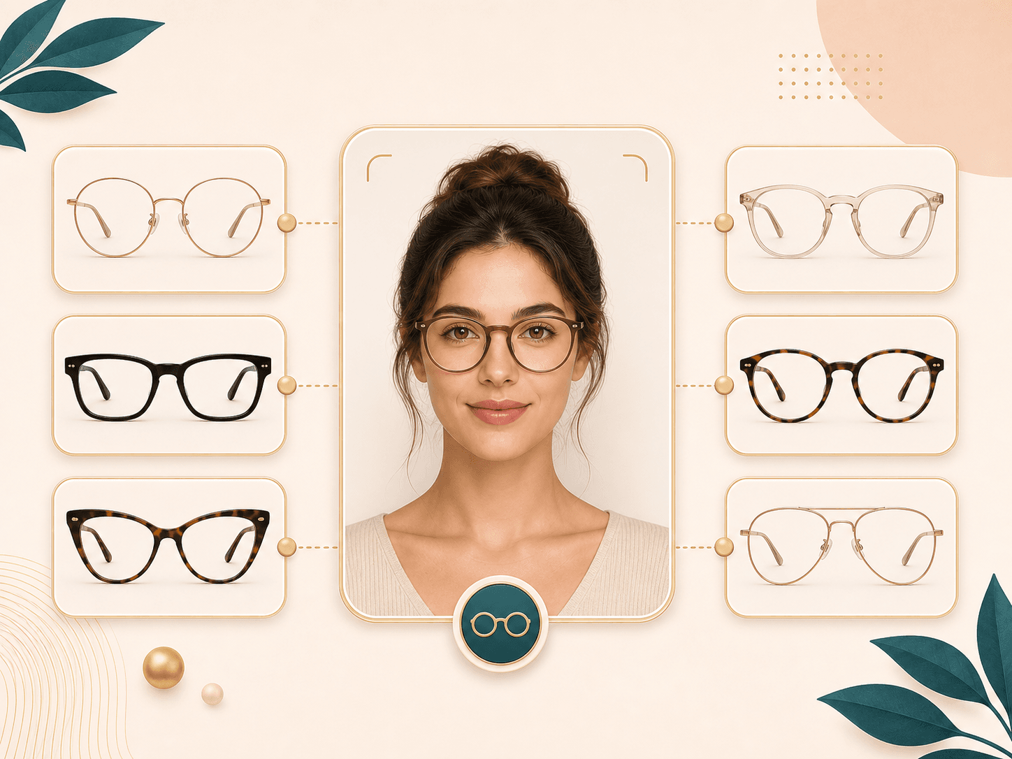 Virtual glasses try-on frame style presets around a portrait preview