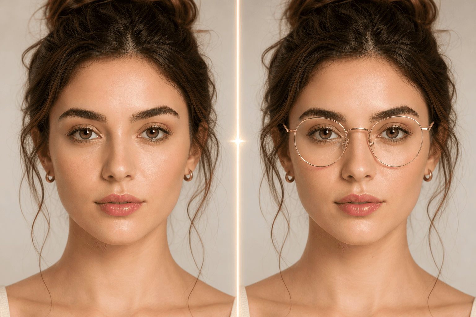 Virtual glasses try-on preview showing frame choices and a portrait result