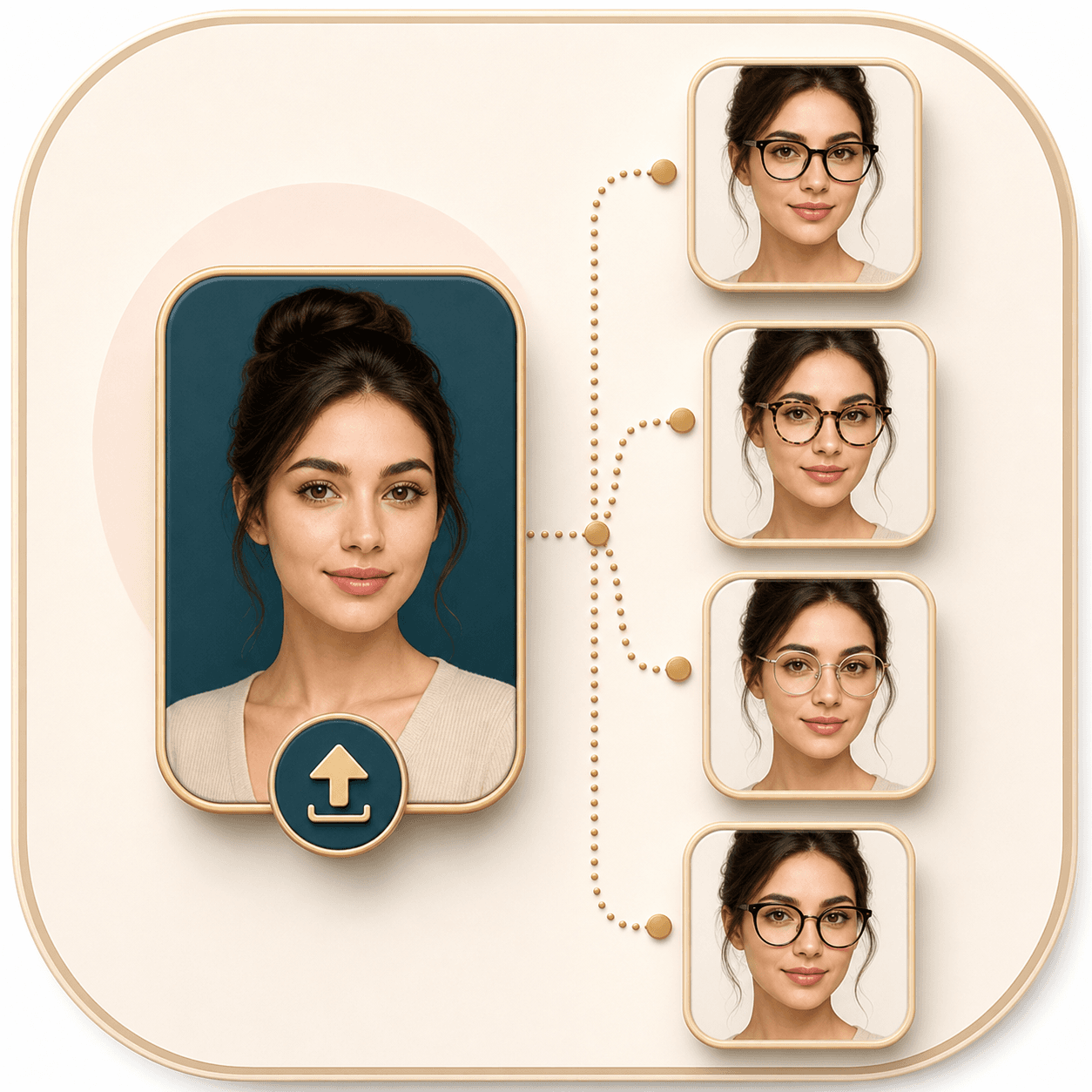 Icon showing one portrait connected to several eyeglass frame options