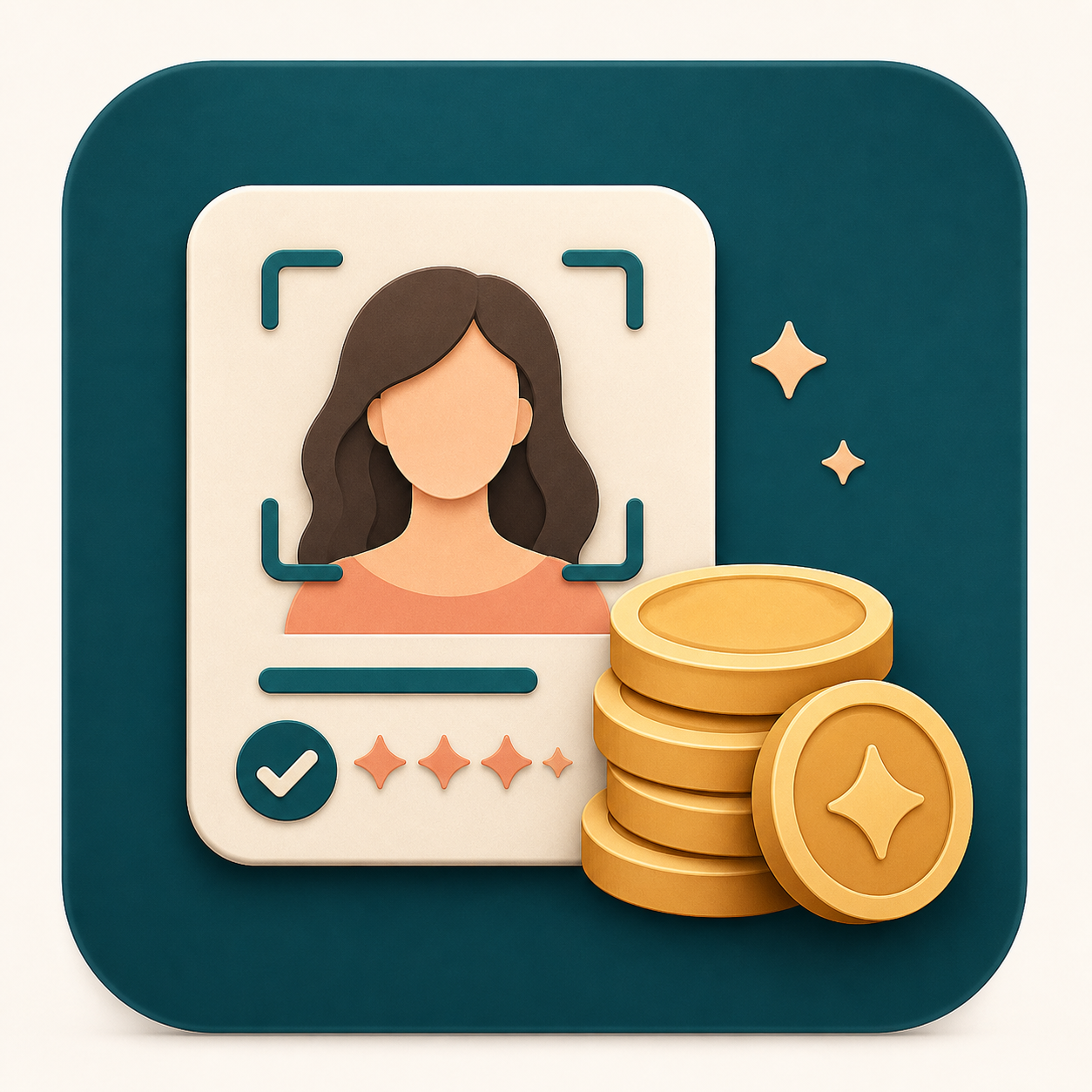 Icon showing credit tokens beside an AI attractiveness test result card