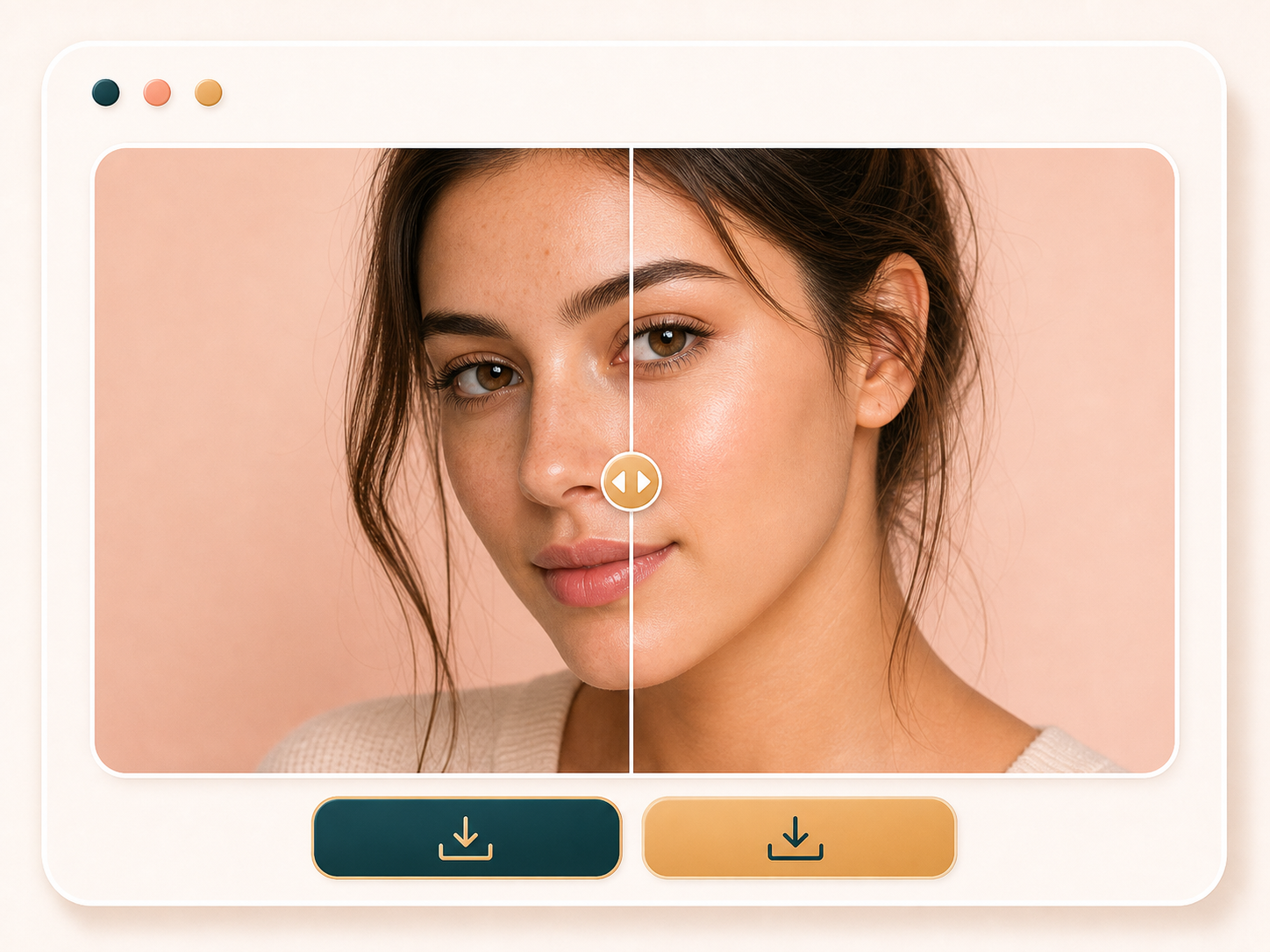 Before and after beauty filter result with download controls