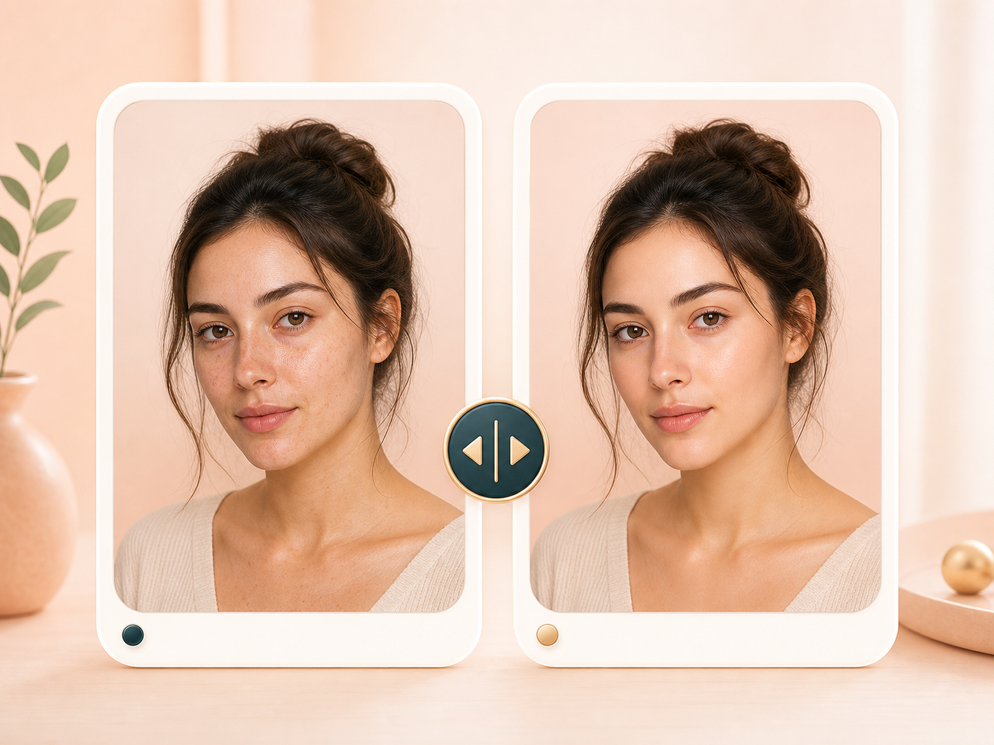 Natural portrait retouch preview with original and AI beauty filter result