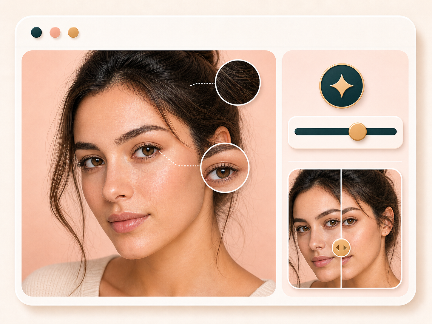 Sharpness control highlighting eye and hair detail after beauty filtering