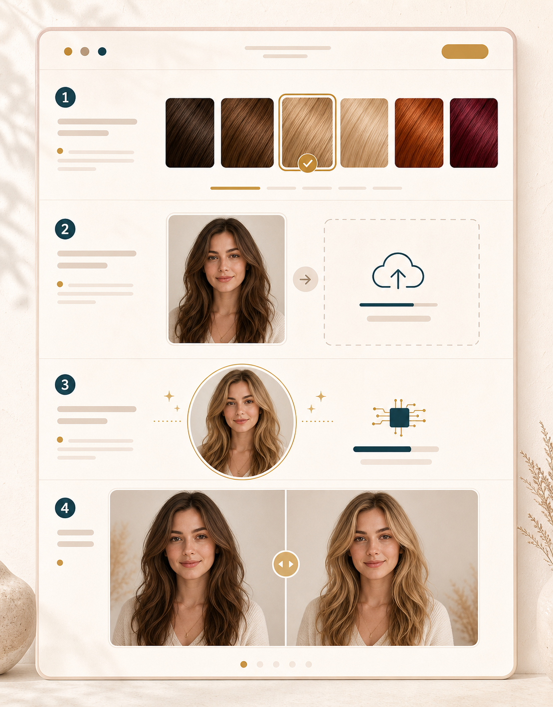 AI hair color changer workflow showing shade choice, photo upload, AI recoloring, and comparison