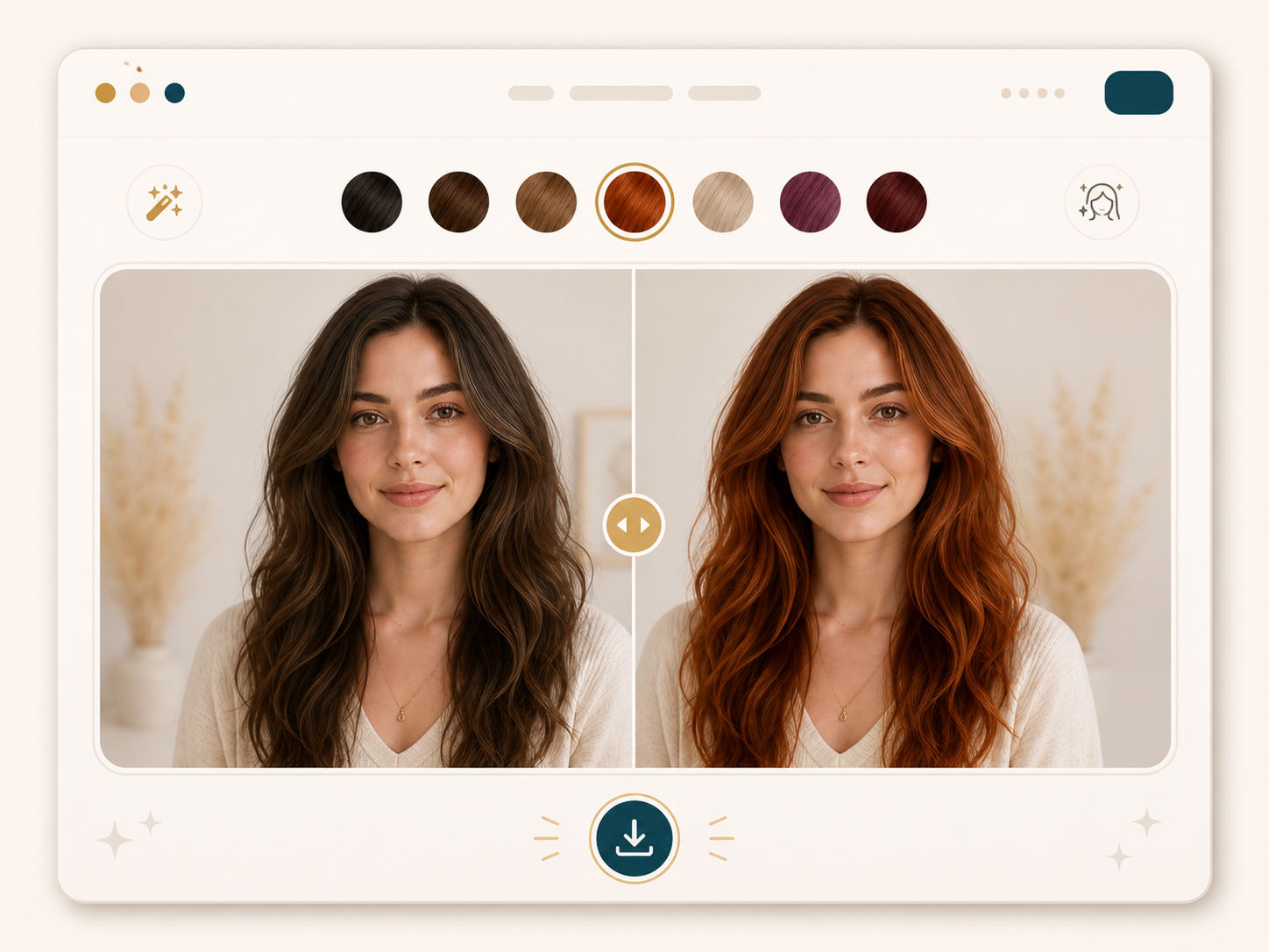 Before and after hair color result card with a comparison slider and download icon