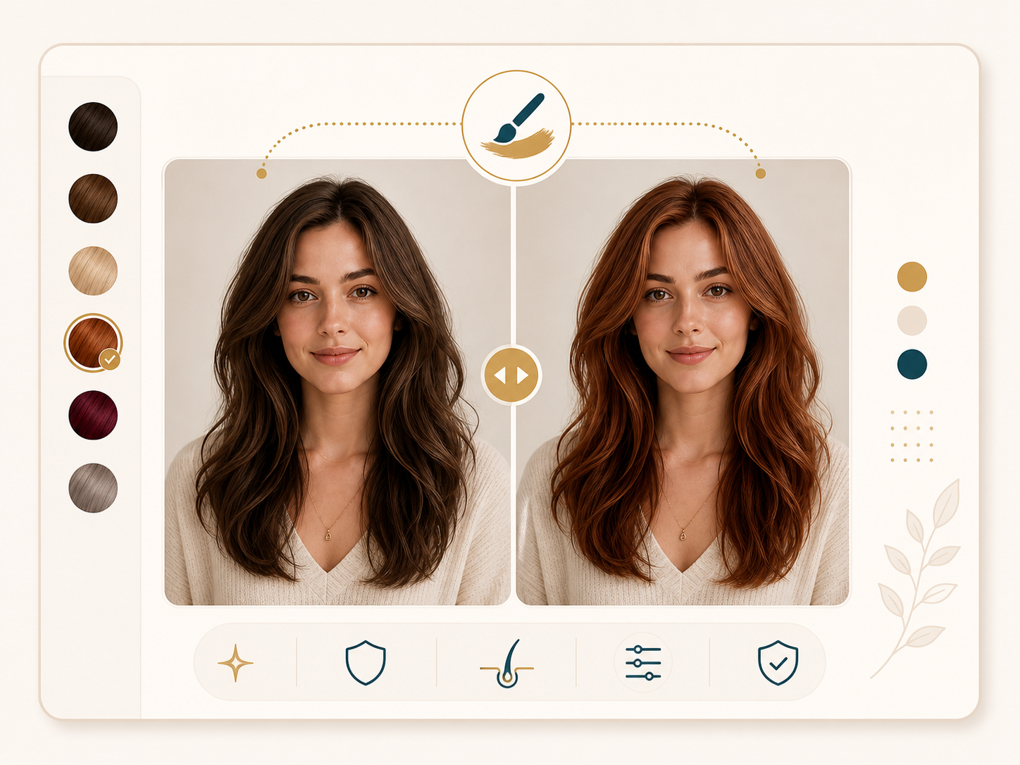 Before and after portrait showing hair color changed while the haircut shape stays the same