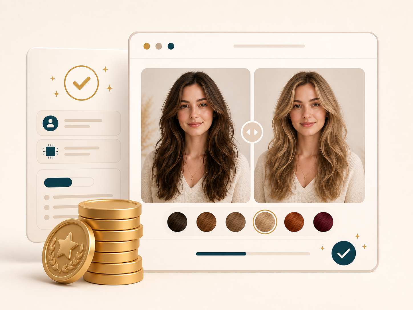 Credit tokens beside a completed AI hair color changer result card