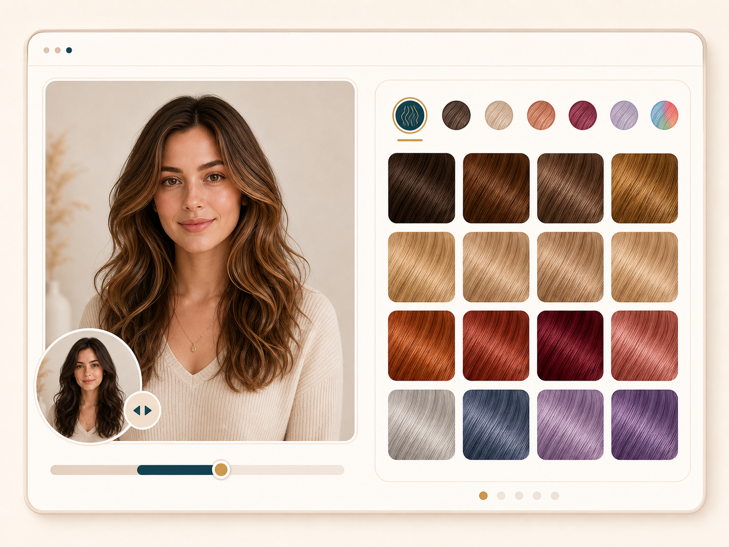 AI hair color changer shade menu with brunette, blonde, copper, burgundy, silver, and lavender options