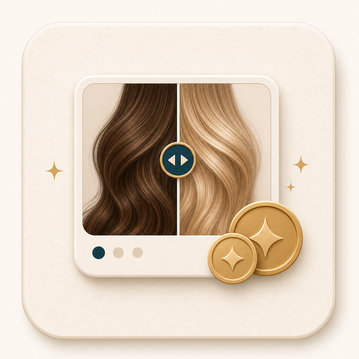 Icon showing a before and after hair color card with credit tokens