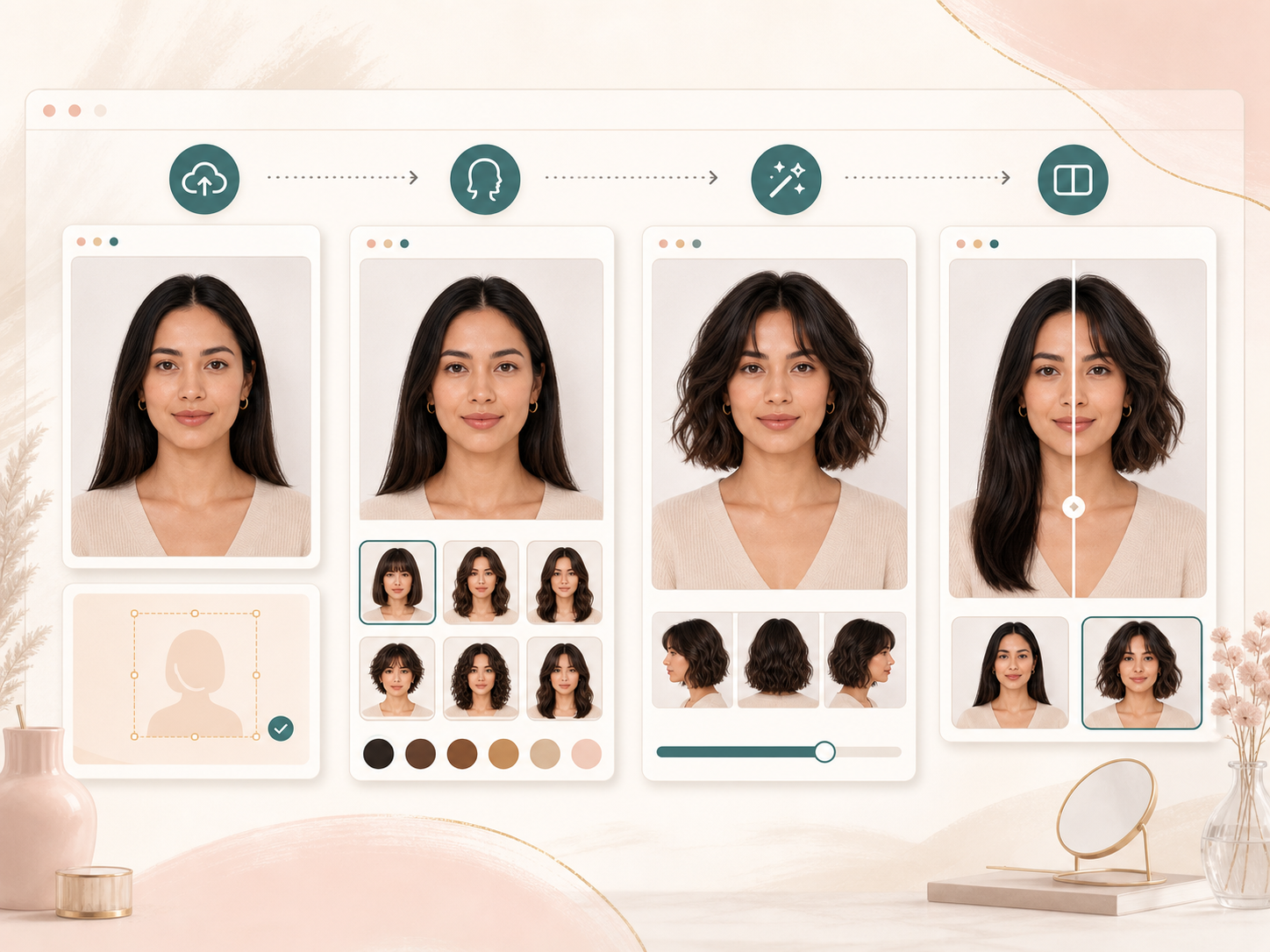 AI hairstyle changer workflow showing upload, style choice, generation, and comparison