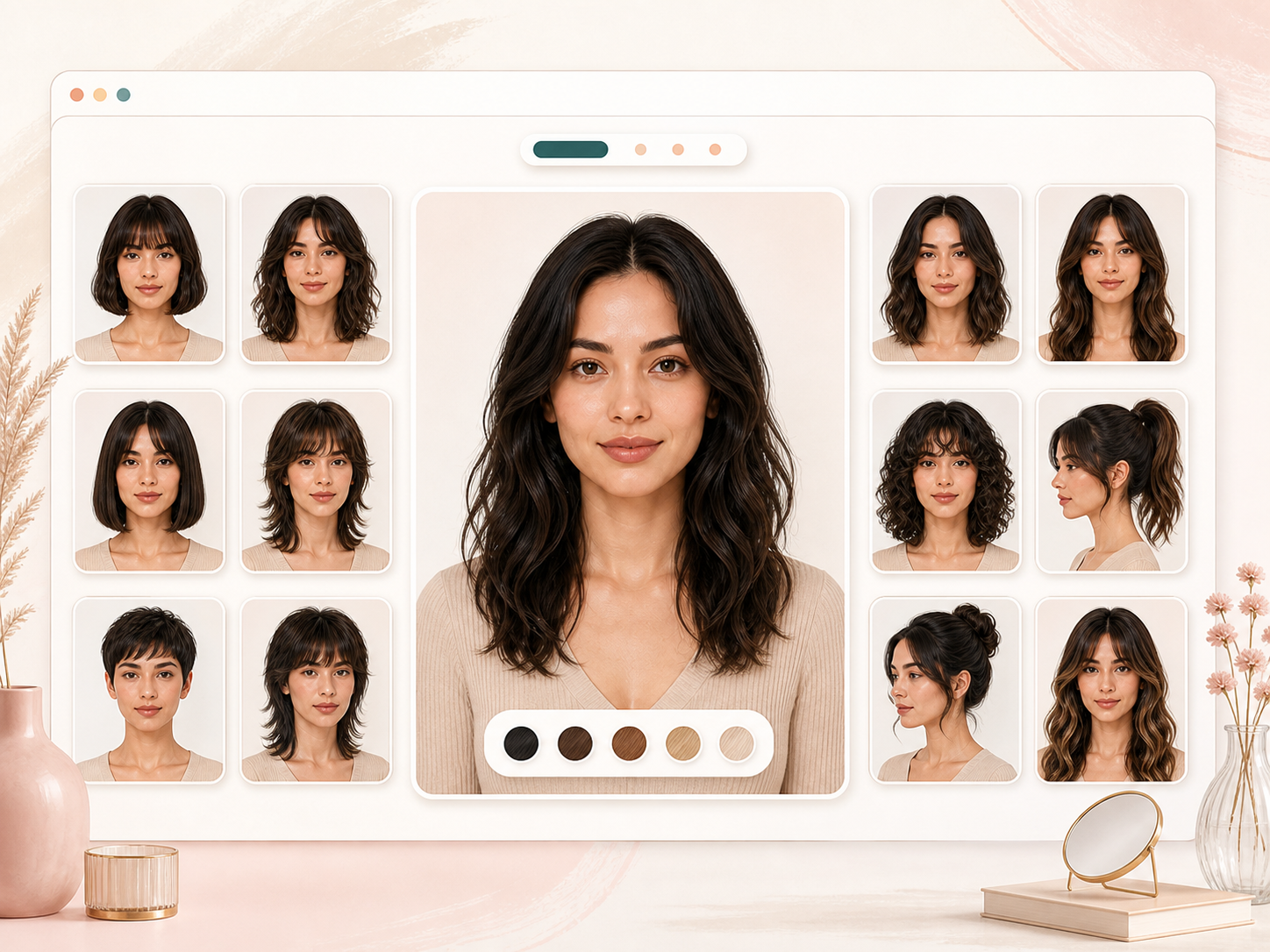 AI hairstyle changer preset gallery with bob, bangs, curls, ponytail, and wolf cut options