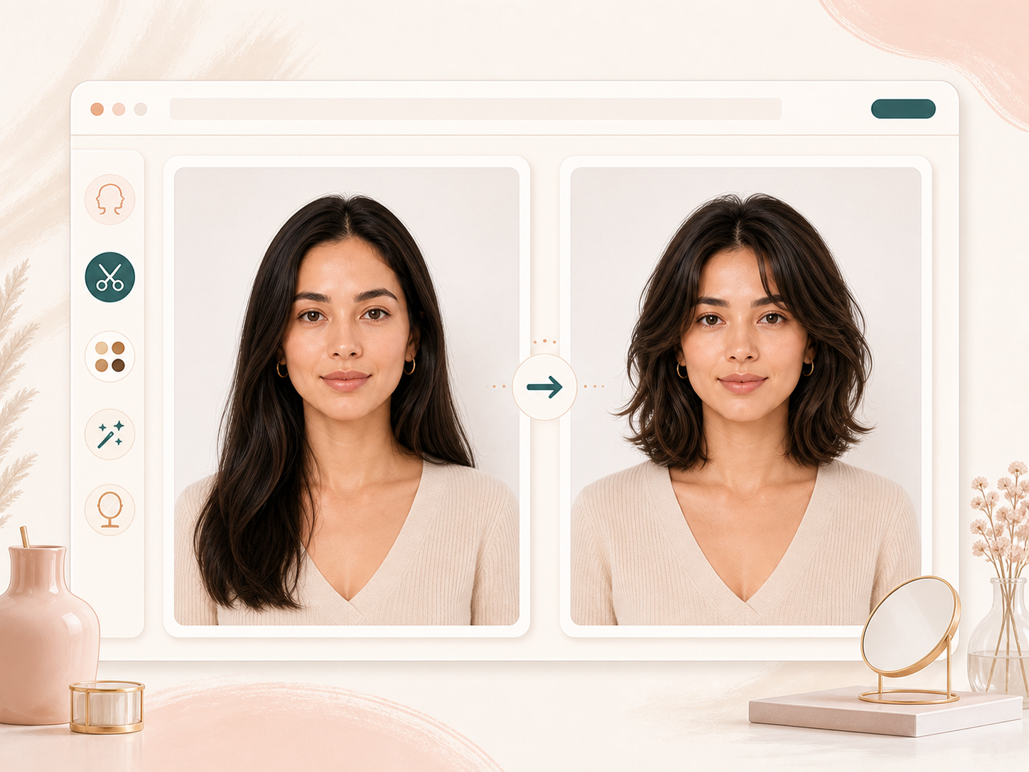 Two portrait cards showing the same face with only the hairstyle changed