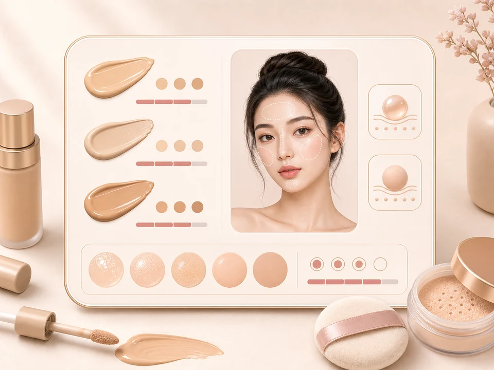 Foundation and finish swatches for base makeup recommendations