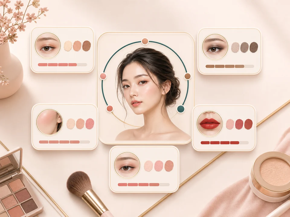 AI makeup analysis visual showing a portrait with makeup style score cards