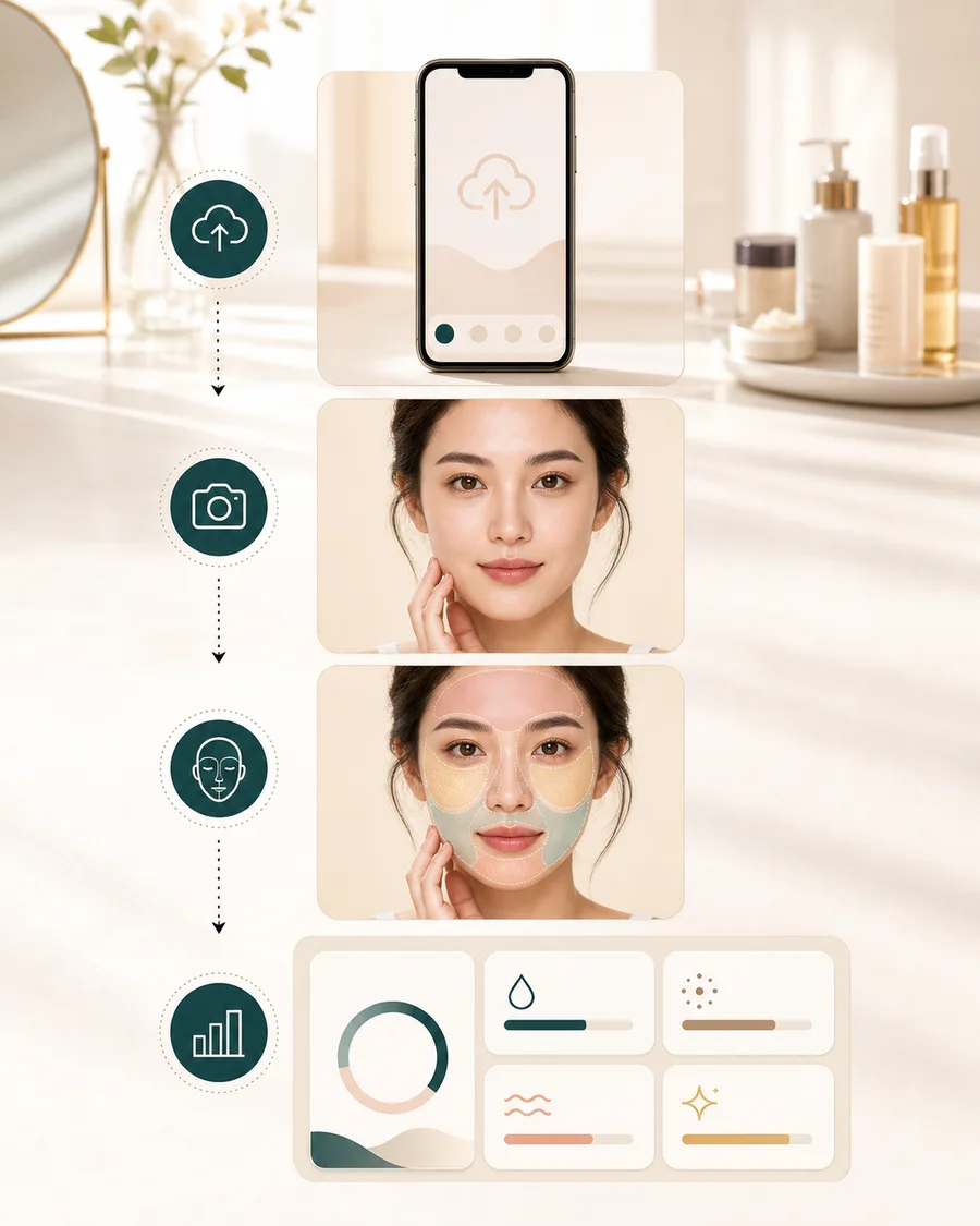 AI skin analysis workflow showing upload, portrait preview, and result cards
