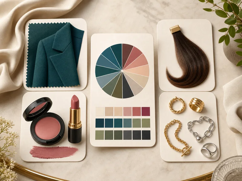 Skincare and makeup routine board with product and color cues
