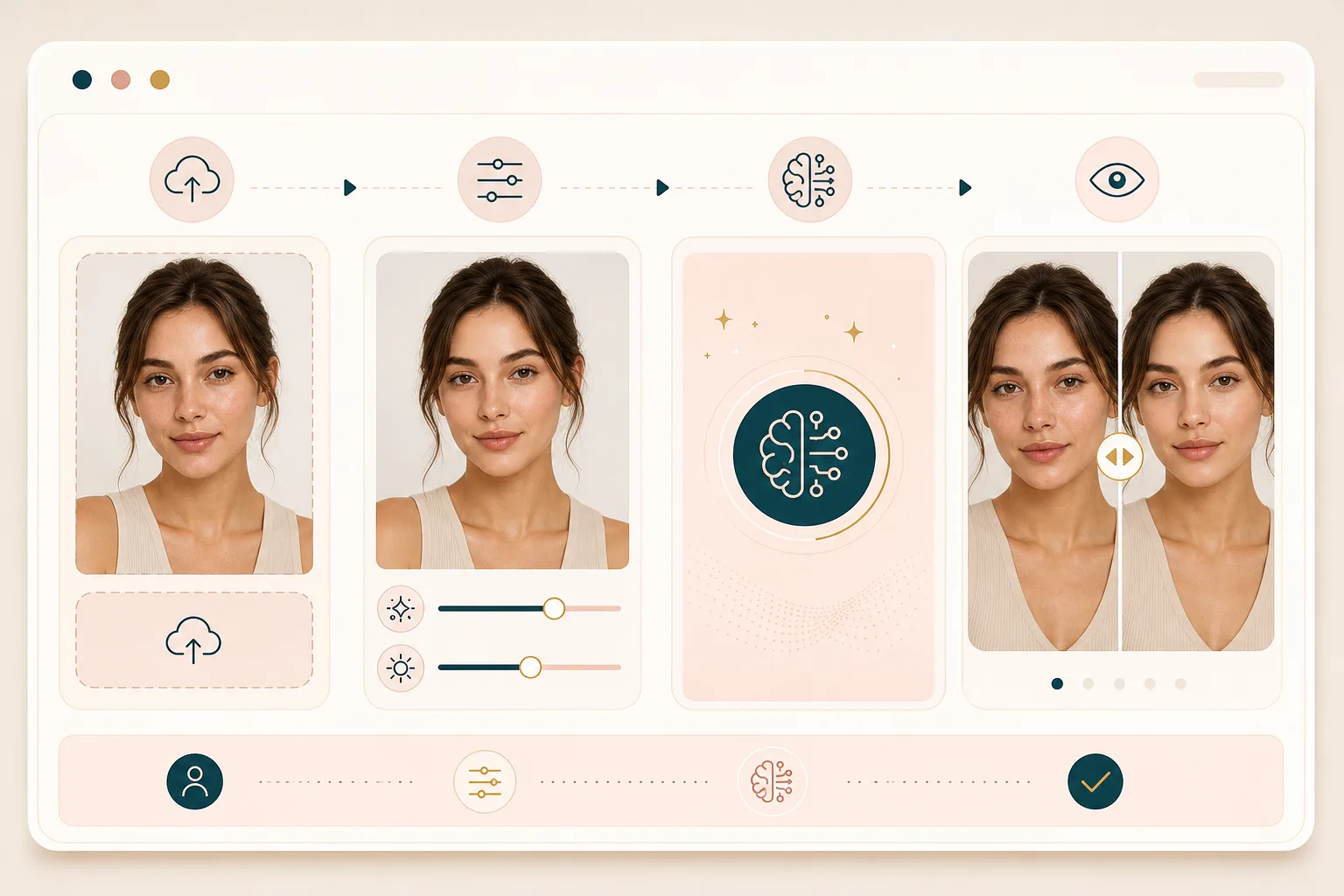 AI skin retouching workflow with upload, sliders, processing, and before and after review
