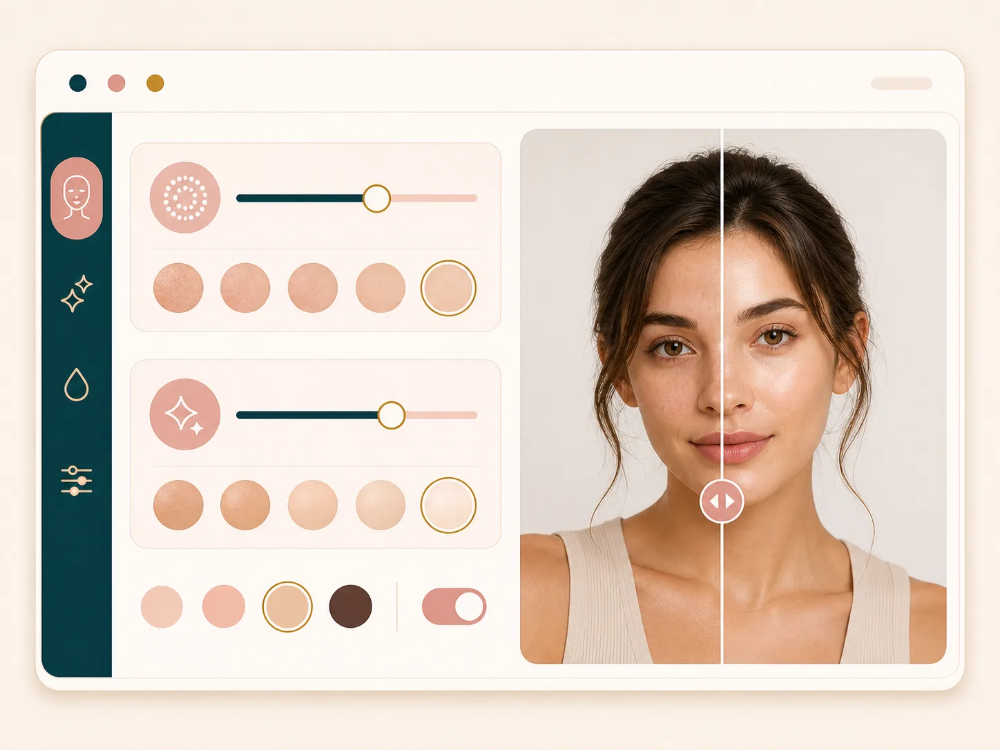 AI skin retouching controls for smoothing and brightening