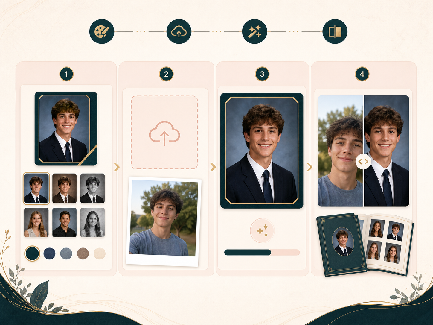 AI yearbook generator workflow showing style choice, selfie upload, generation, and result review