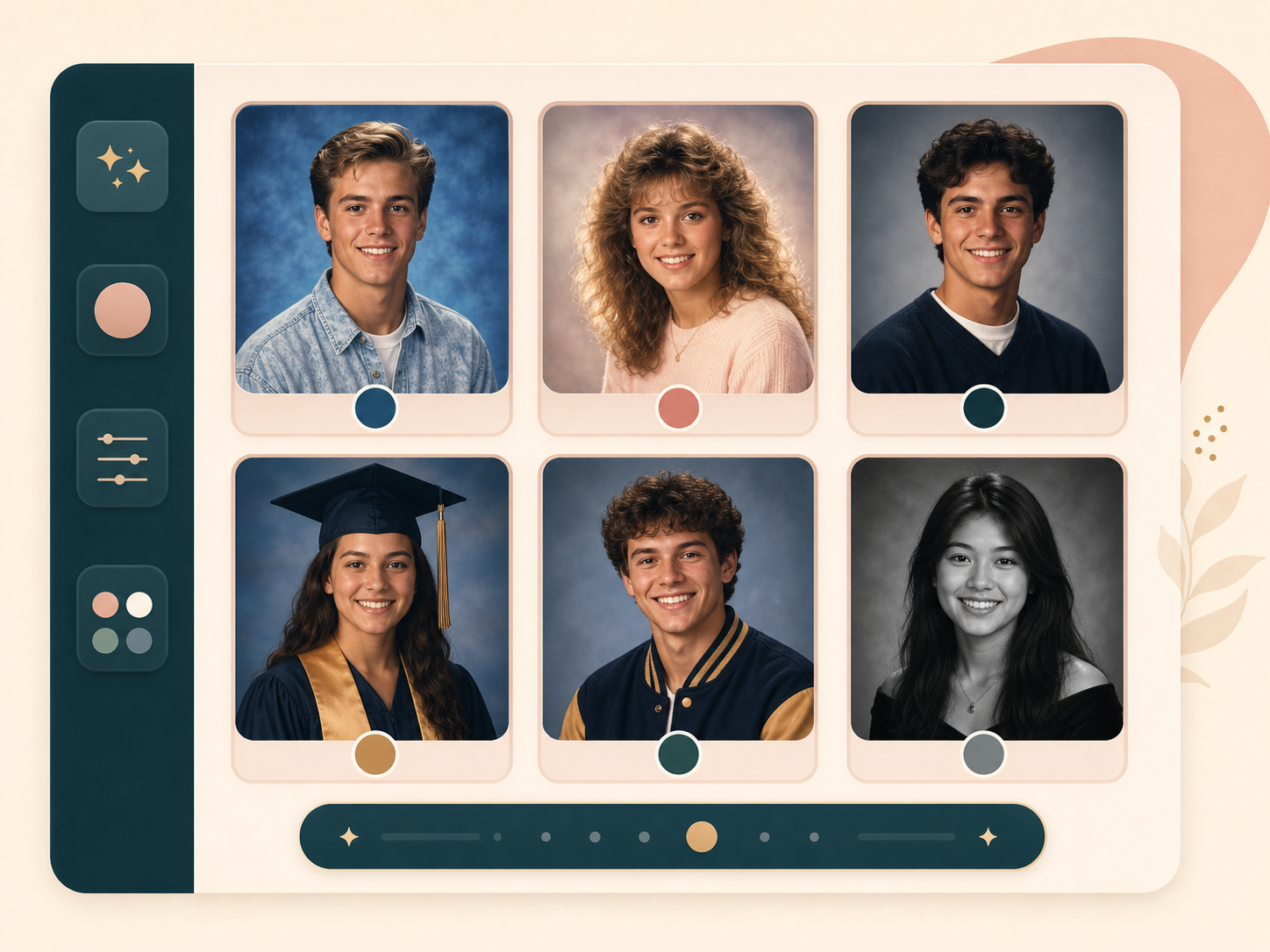AI yearbook generator style presets for 1990s, cap and gown, varsity, and black and white portraits