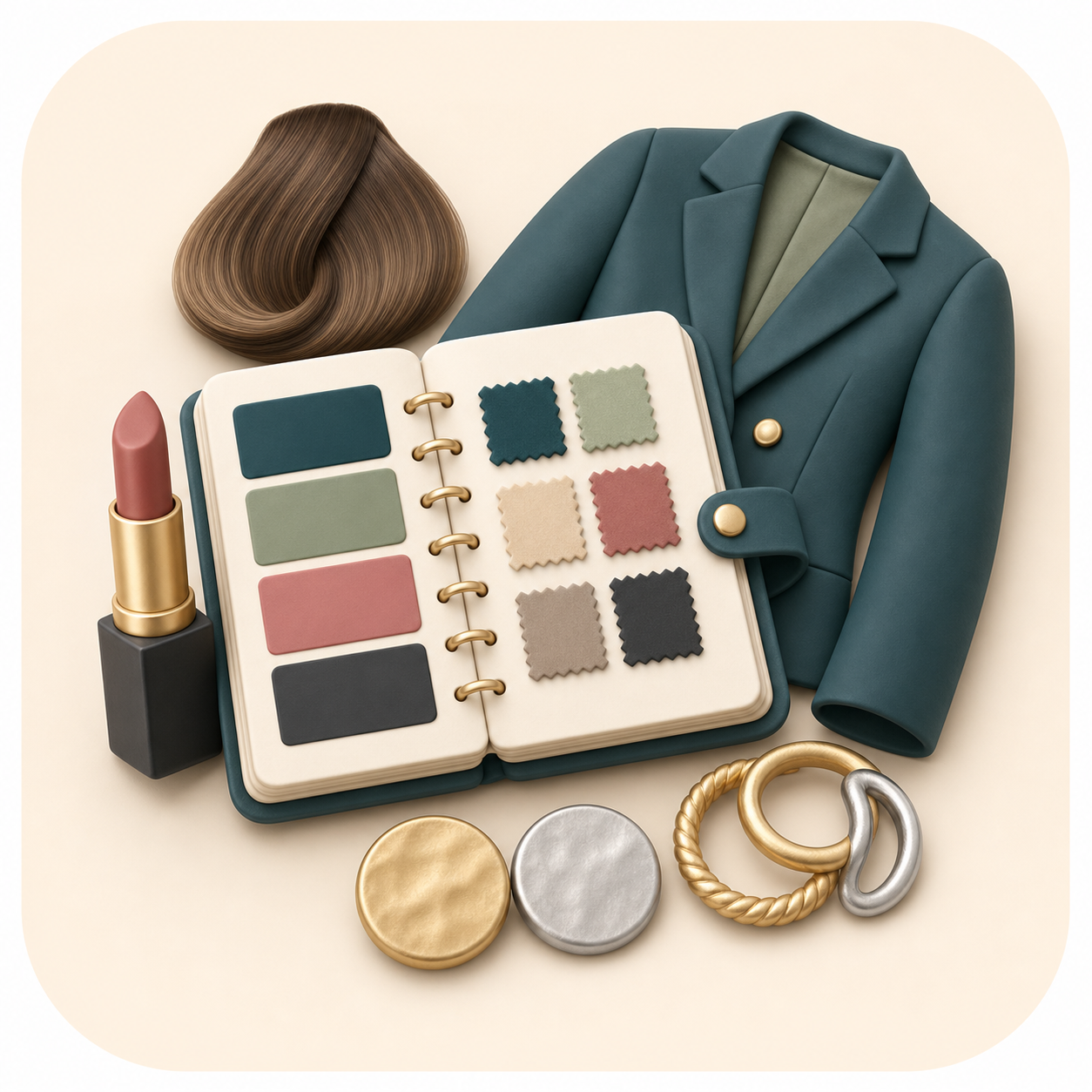 Icon showing style notes for wardrobe, makeup, hair, and jewelry