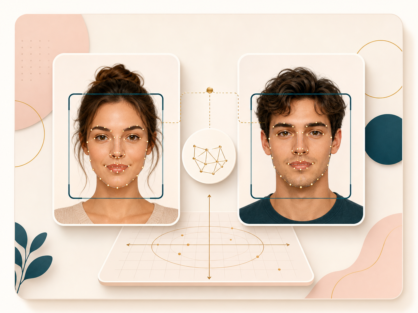 Illustration of face detection boxes and landmark points on two portrait cards