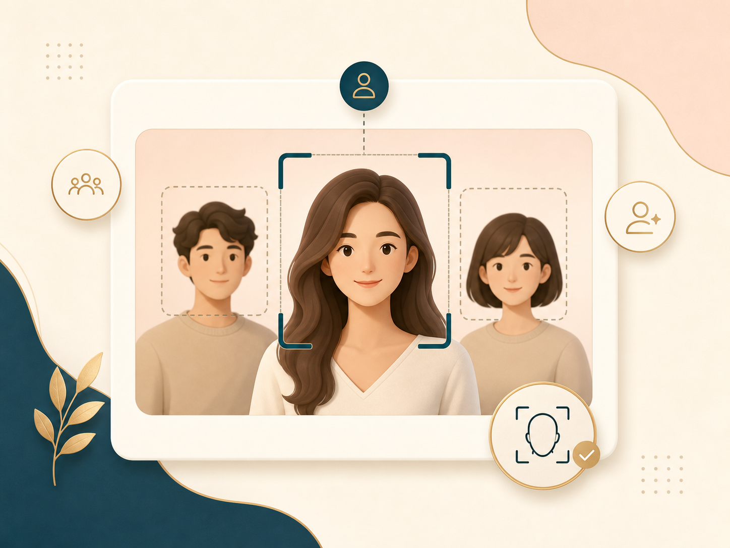 Illustration of a face comparison tool selecting the largest face in a group photo