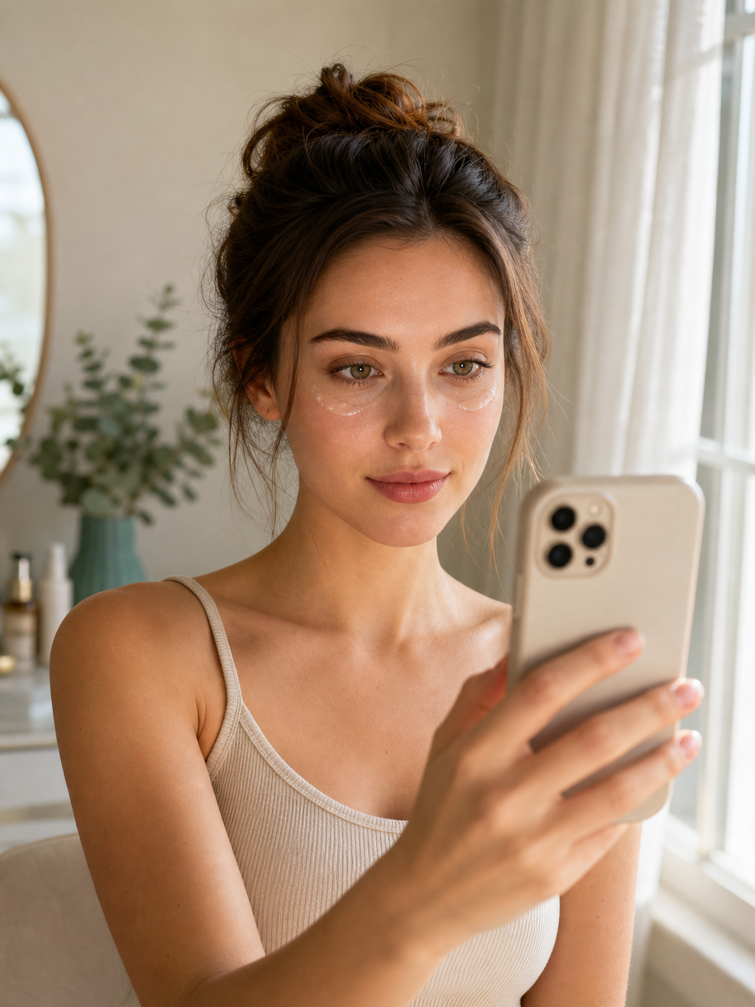 Soft window light selfie setup for a clear under eye test photo