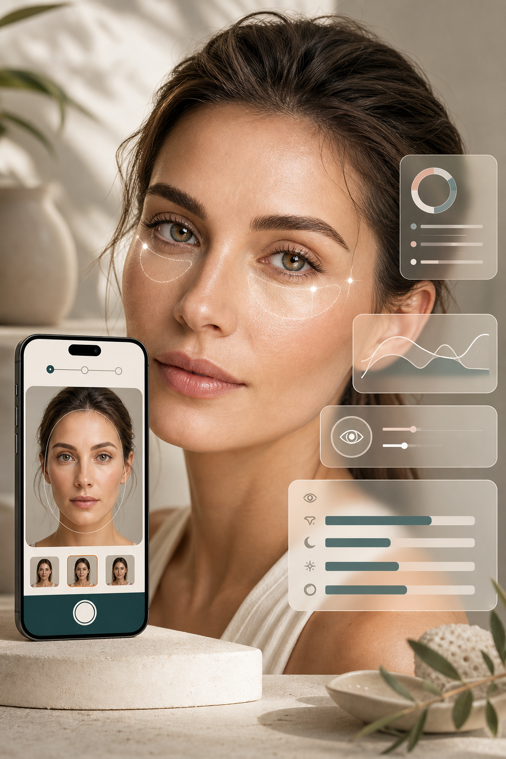 Under eye test workflow showing upload, eye area focus, and beauty result cards
