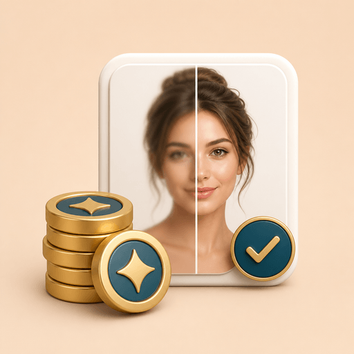 Icon showing credit tokens beside a completed face enhancement card