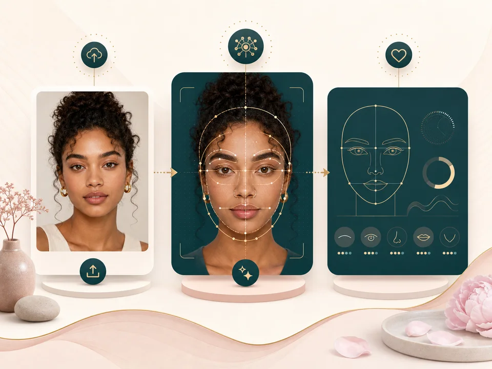 Face harmony test workflow showing portrait upload, AI analysis, and result cards