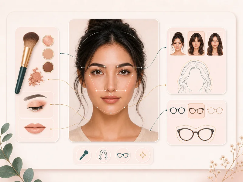 Styling suggestion cards for makeup, hair, and eyewear after a face harmony test