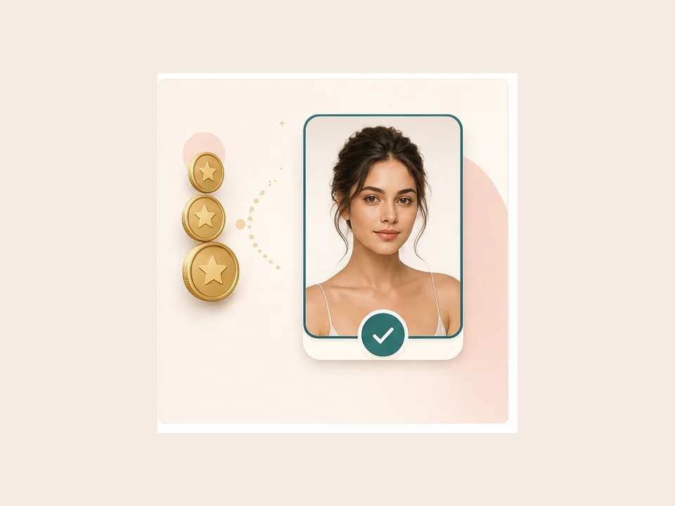 Illustration of credits beside a completed face morph portrait card