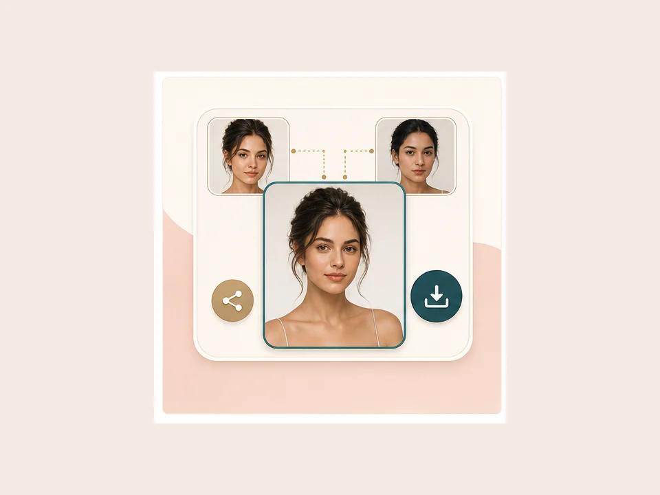 Illustration of a result review page with original thumbnails and a larger face morph image