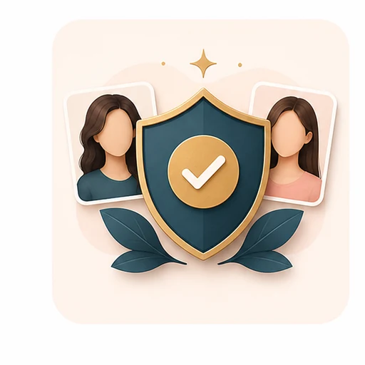Icon showing a shield and portrait cards for consent first face morph use