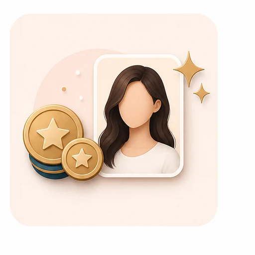 Icon showing credit tokens next to a completed portrait card