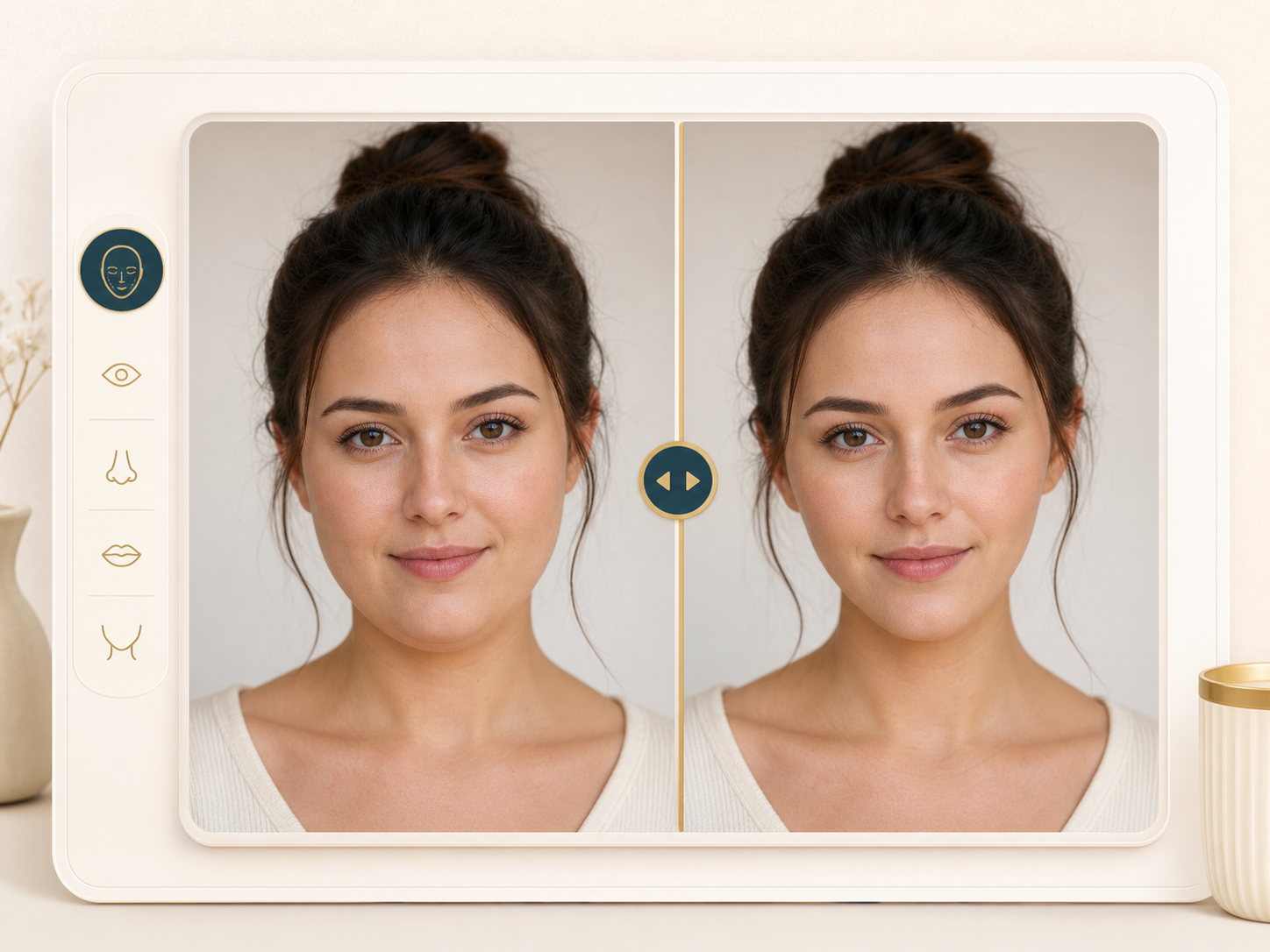 Illustration of an online face slimmer before and after comparison slider