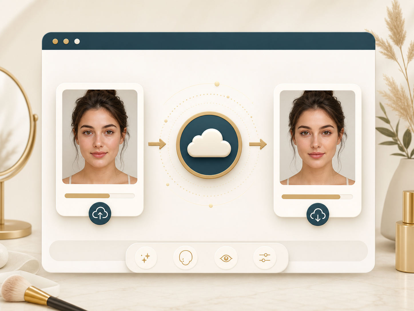 Illustration of a portrait upload moving through cloud processing to a result card