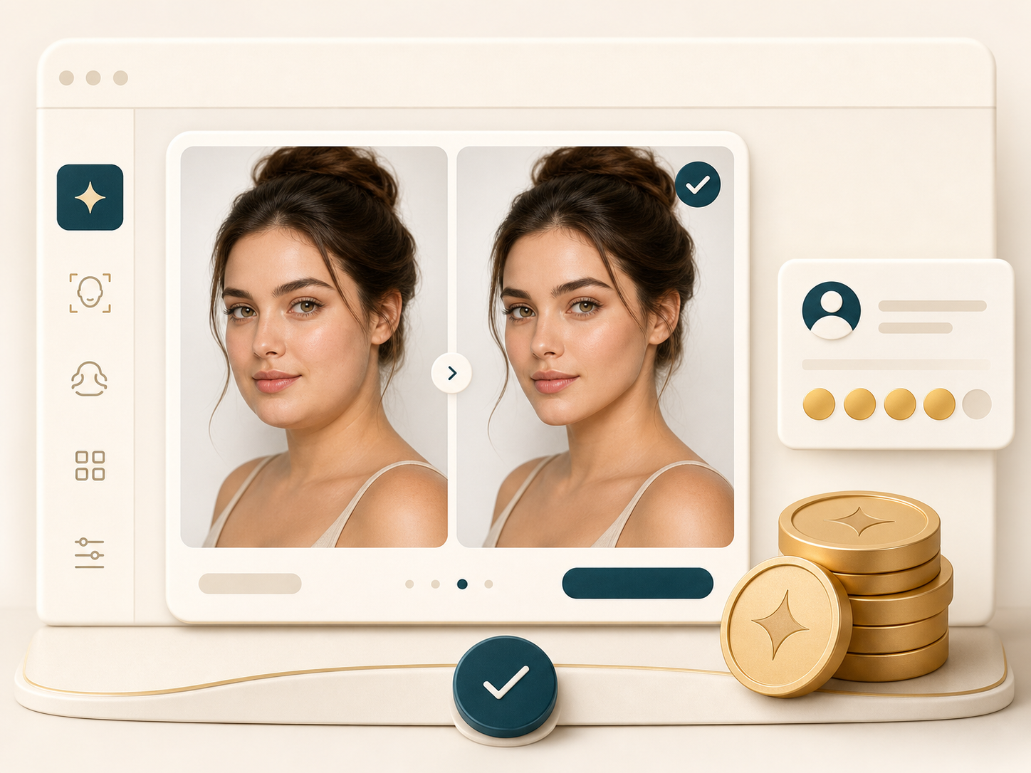 Illustration of credit tokens beside a successful face slimmer result card