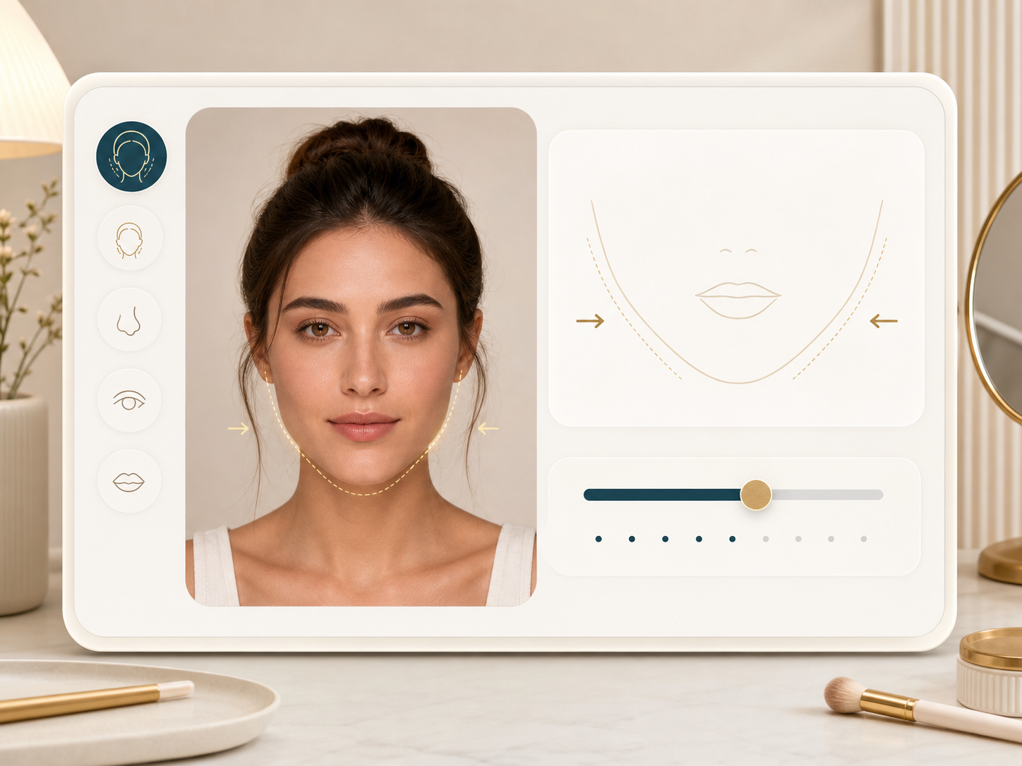 Illustration of a face slimmer tool with a slim degree slider and contour guide lines