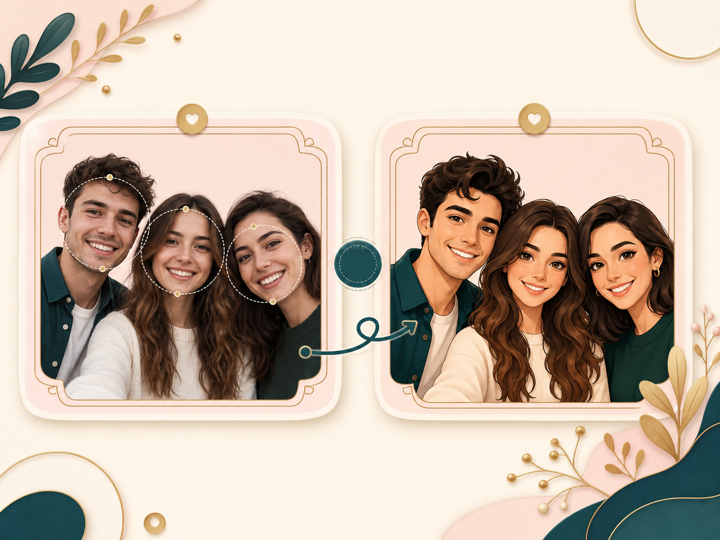 A small group photo changing into a cartoon portrait result