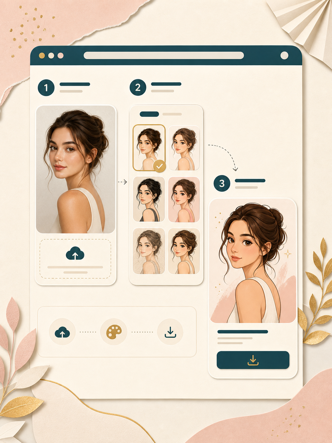 Photo to Cartoon workflow showing upload, style choice, and download