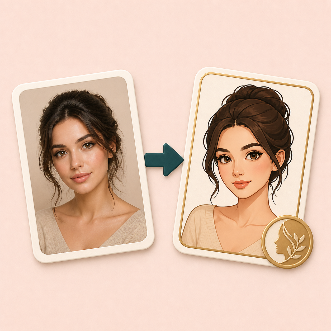 Icon showing a portrait changing into a cartoon result